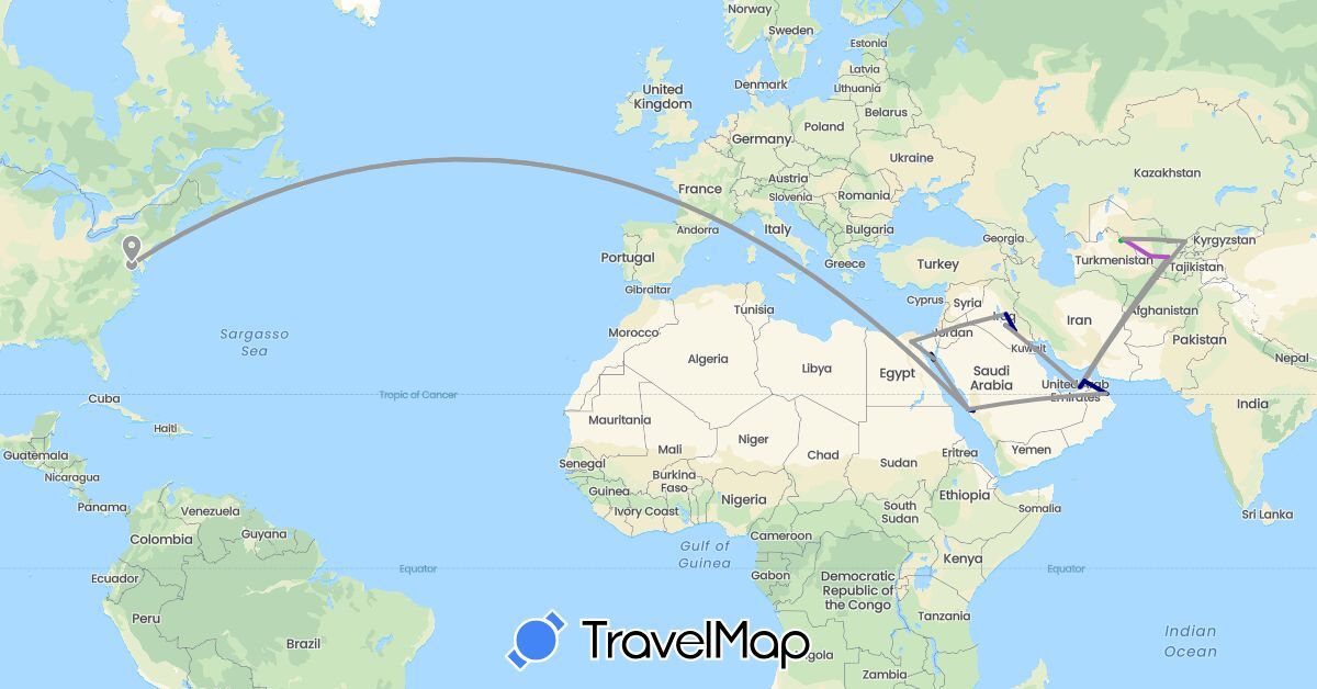 TravelMap itinerary: driving, bus, plane, train in United Arab Emirates, Egypt, Iraq, Oman, Saudi Arabia, United States, Uzbekistan (Africa, Asia, North America)