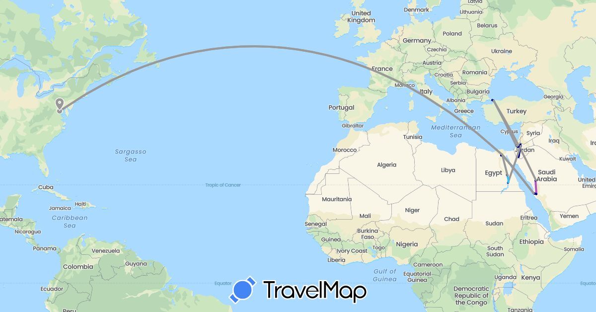 TravelMap itinerary: driving, bus, plane, train, boat in Egypt, Israel, Jordan, Saudi Arabia, Turkey, United States (Africa, Asia, North America)